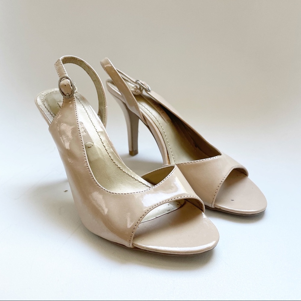 Nine West Nude Patent Leather Slingback Peep-Toe Heels